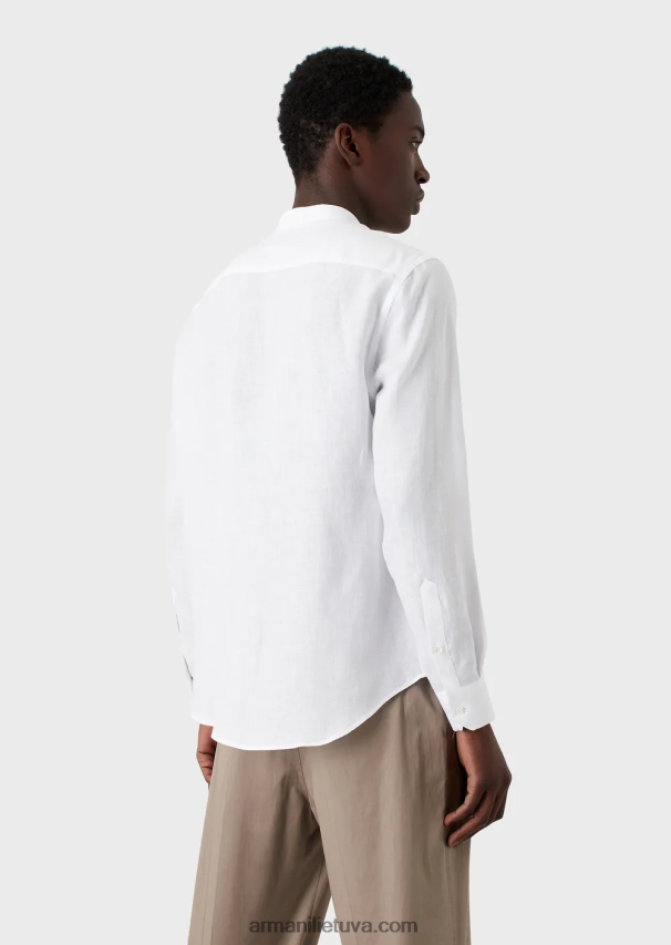 vyrų baltas Armani lininiai chambray marškiniai su guru apykakle 02482X1099
