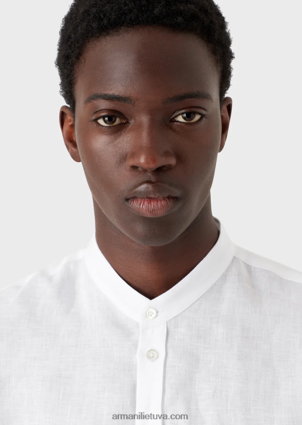 vyrų baltas Armani lininiai chambray marškiniai su guru apykakle 02482X1099