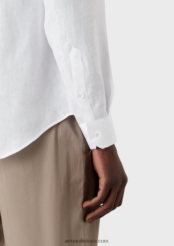 vyrų baltas Armani lininiai chambray marškiniai su guru apykakle 02482X1099