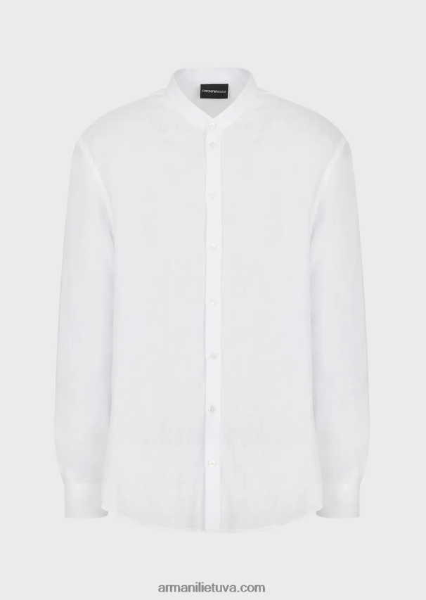 vyrų baltas Armani modernaus stiliaus lininiai chambray guru marškiniai su apykakle 02482X1142