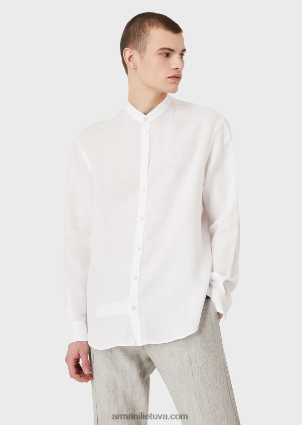 vyrų baltas Armani modernaus stiliaus lininiai chambray guru marškiniai su apykakle 02482X1142