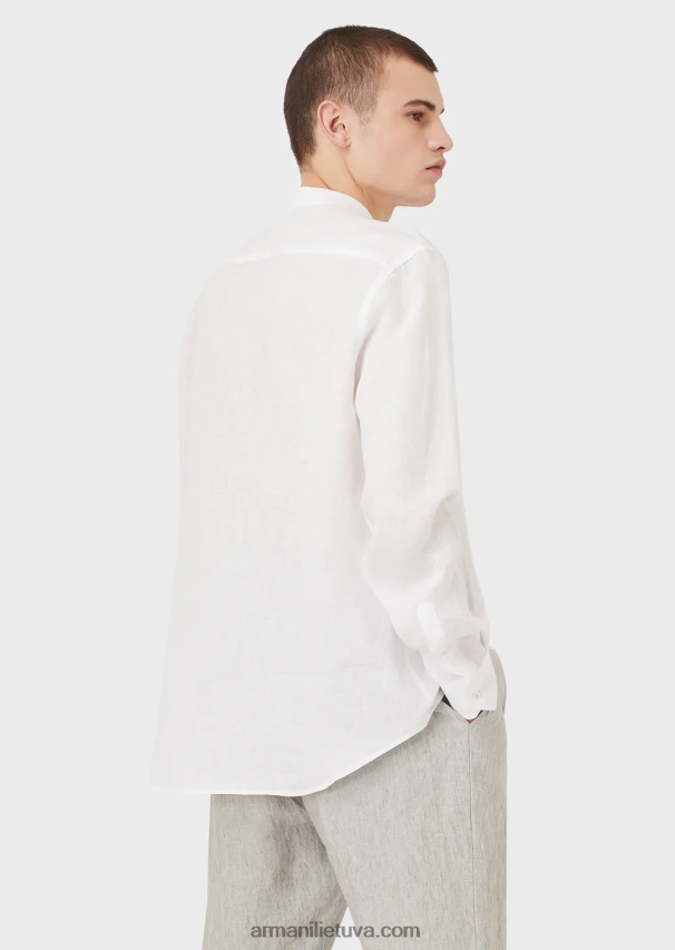 vyrų baltas Armani modernaus stiliaus lininiai chambray guru marškiniai su apykakle 02482X1142