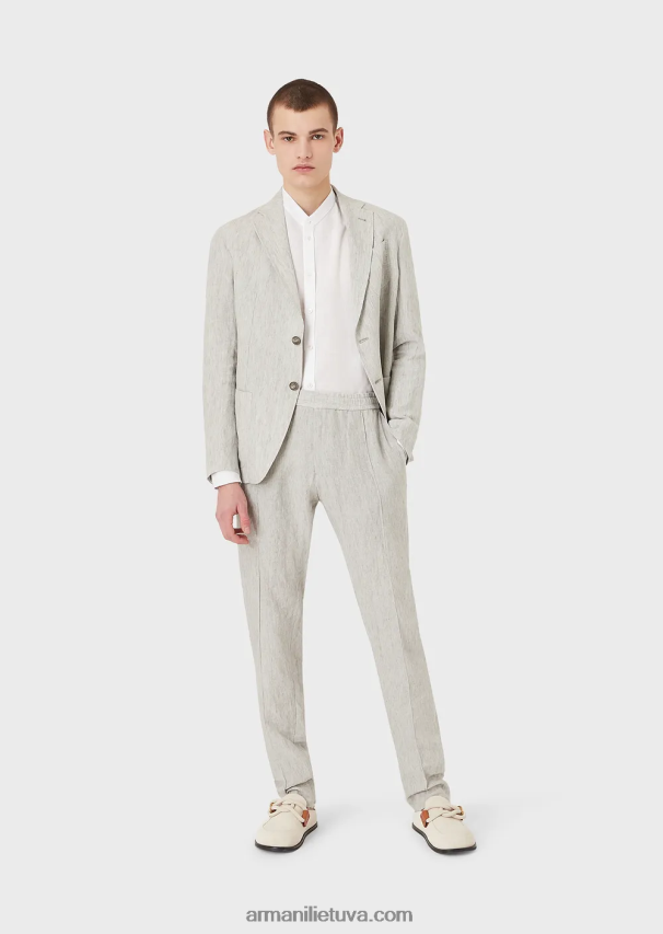 vyrų baltas Armani modernaus stiliaus lininiai chambray guru marškiniai su apykakle 02482X1142