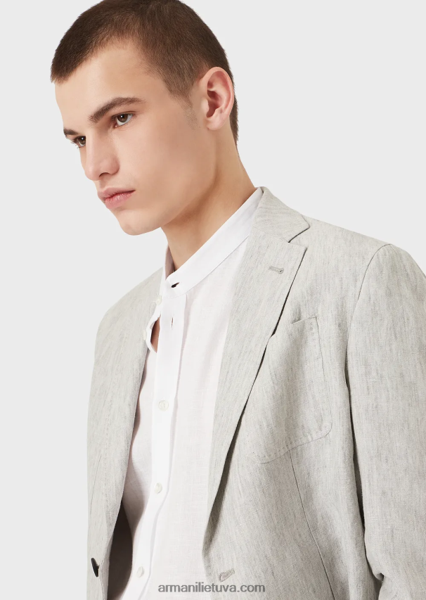 vyrų baltas Armani modernaus stiliaus lininiai chambray guru marškiniai su apykakle 02482X1142