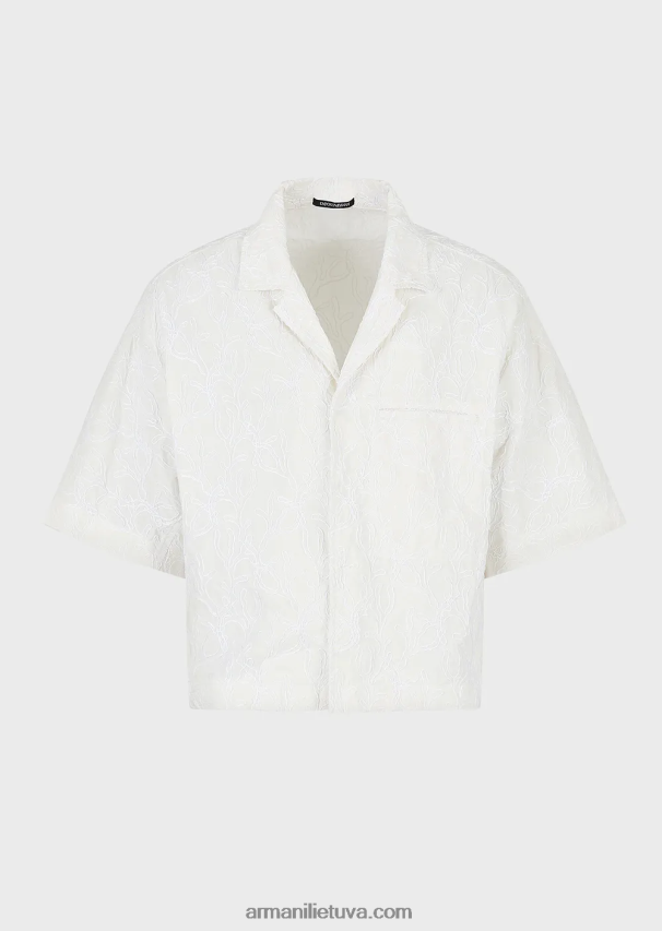 vyrų baltas Armani palaidinė trumpomis rankovėmis iš rafija siuvinėto ripstop nailono 02482X1084