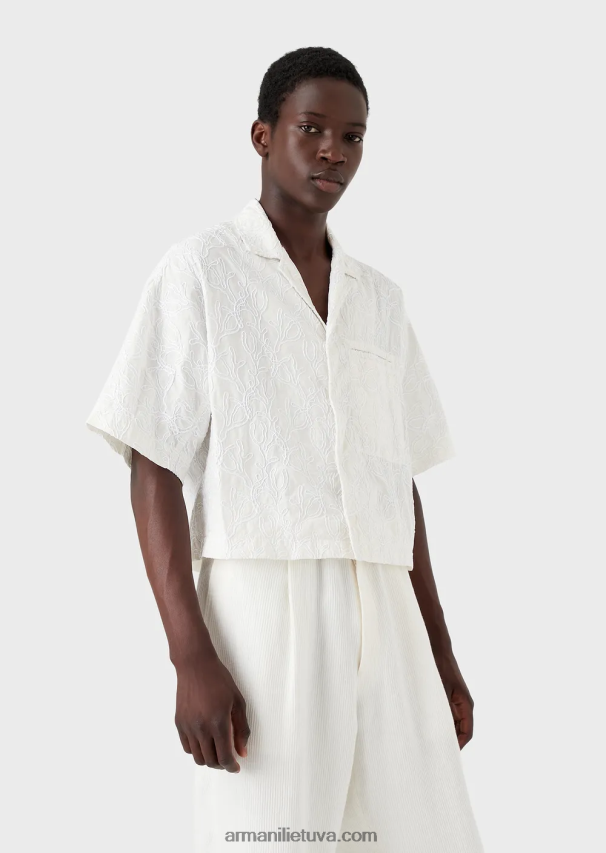 vyrų baltas Armani palaidinė trumpomis rankovėmis iš rafija siuvinėto ripstop nailono 02482X1084