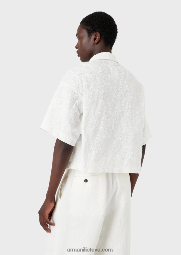 vyrų baltas Armani palaidinė trumpomis rankovėmis iš rafija siuvinėto ripstop nailono 02482X1084