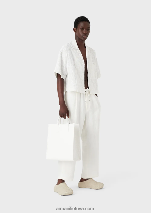 vyrų baltas Armani palaidinė trumpomis rankovėmis iš rafija siuvinėto ripstop nailono 02482X1084