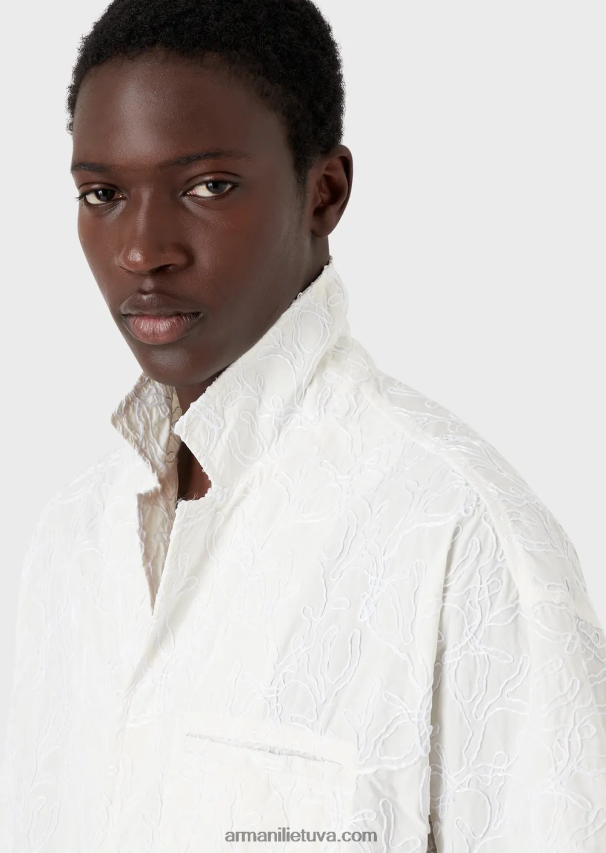 vyrų baltas Armani palaidinė trumpomis rankovėmis iš rafija siuvinėto ripstop nailono 02482X1084