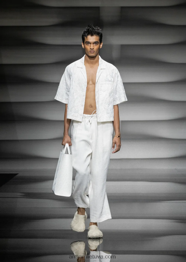 vyrų baltas Armani palaidinė trumpomis rankovėmis iš rafija siuvinėto ripstop nailono 02482X1084