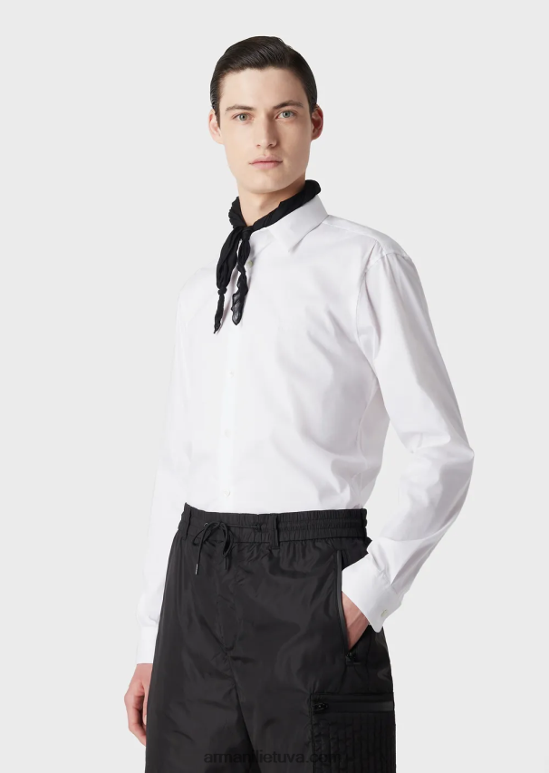 vyrų baltas Armani tamprūs nailono mišinio marškiniai su išsiuvinėtu ereliu 02482X1102