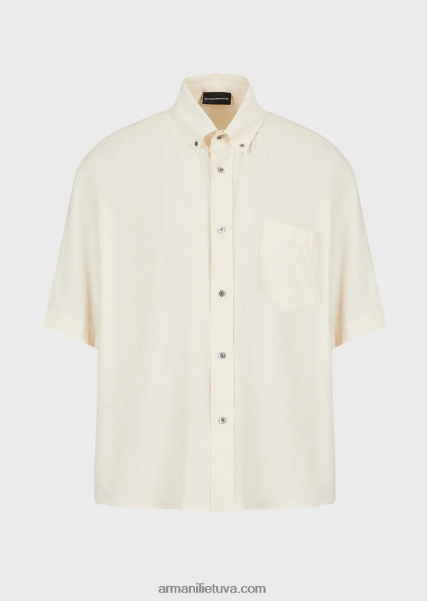 vyrų baltas Armani trumpomis rankovėmis užsegami persikų odos modalo marškiniai 02482X1061