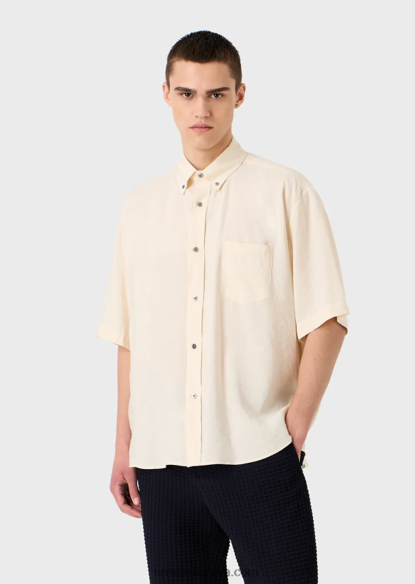 vyrų baltas Armani trumpomis rankovėmis užsegami persikų odos modalo marškiniai 02482X1061