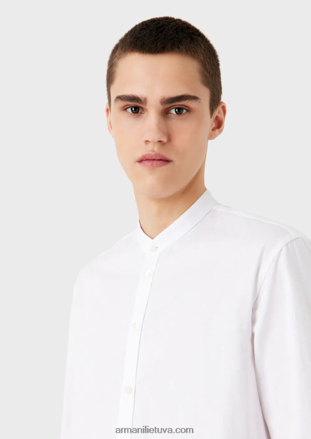 vyrų baltas Armani vertikalaus geometrinio rašto žakardo marškiniai su guru apykakle 02482X1112