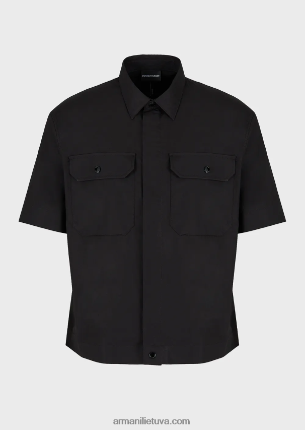 vyrų juodas Armani Pima poplin marškiniai trumpomis rankovėmis su kišenėmis 02482X1058