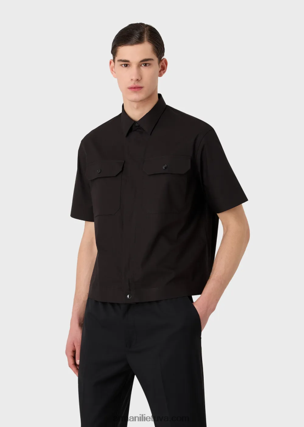 vyrų juodas Armani Pima poplin marškiniai trumpomis rankovėmis su kišenėmis 02482X1058