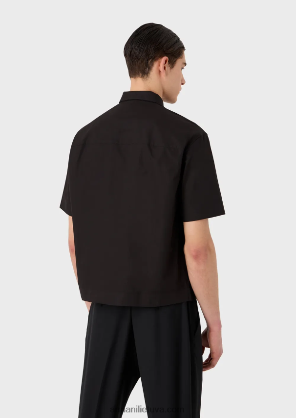 vyrų juodas Armani Pima poplin marškiniai trumpomis rankovėmis su kišenėmis 02482X1058