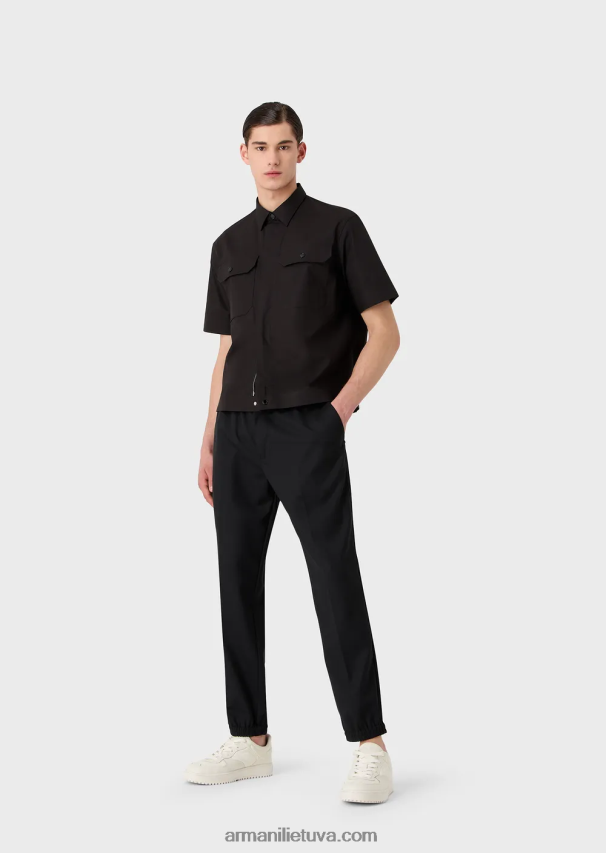 vyrų juodas Armani Pima poplin marškiniai trumpomis rankovėmis su kišenėmis 02482X1058