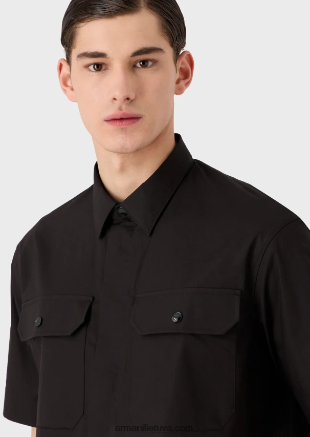 vyrų juodas Armani Pima poplin marškiniai trumpomis rankovėmis su kišenėmis 02482X1058