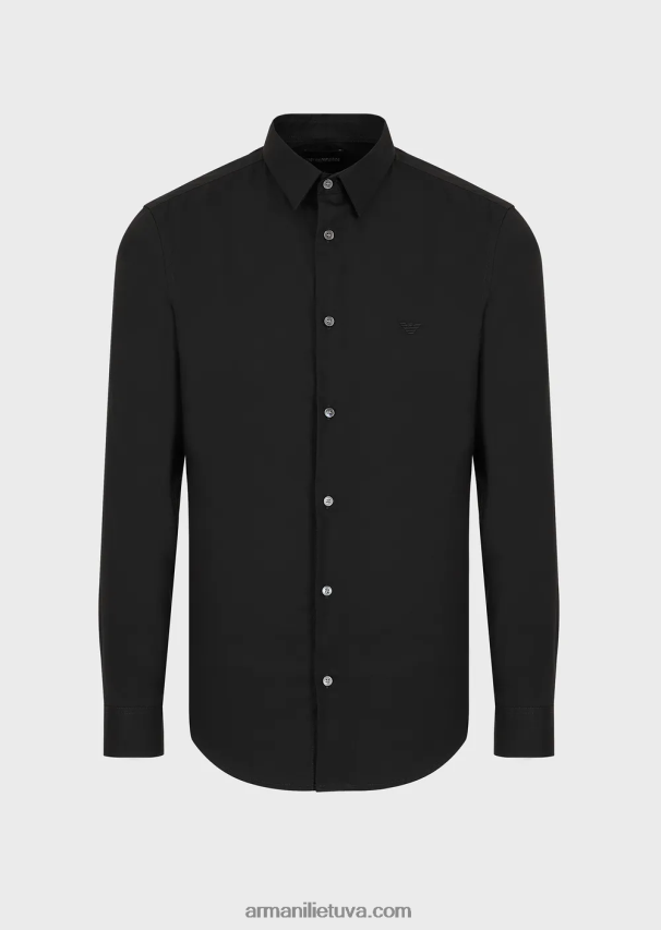 vyrų juodas Armani tamprūs nailono mišinio marškiniai su išsiuvinėtu ereliu 02482X1100
