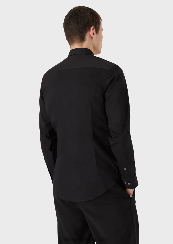 vyrų juodas Armani tamprūs nailono mišinio marškiniai su išsiuvinėtu ereliu 02482X1100