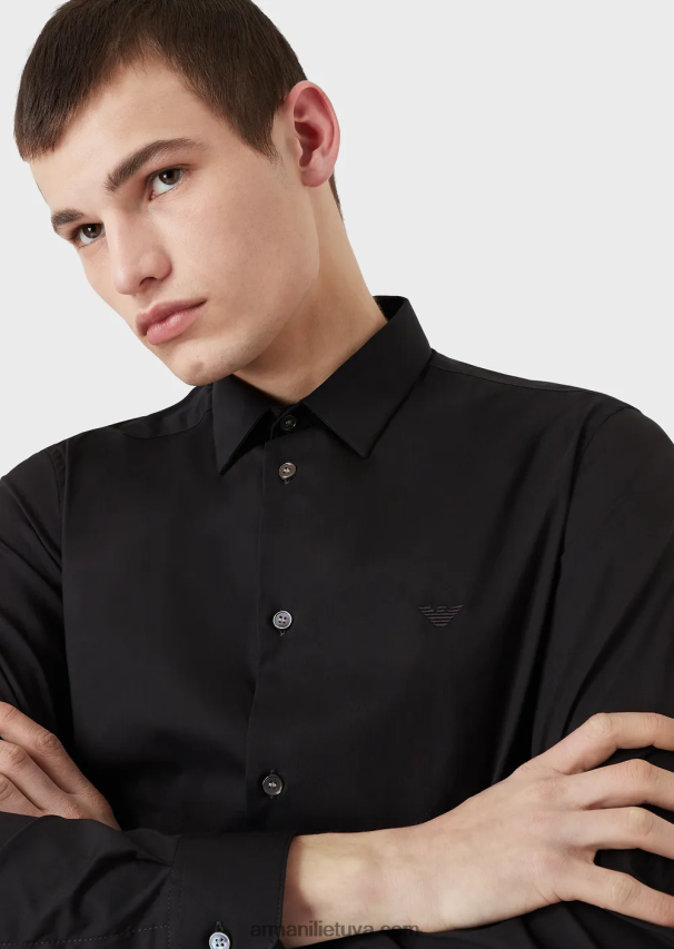 vyrų juodas Armani tamprūs nailono mišinio marškiniai su išsiuvinėtu ereliu 02482X1100