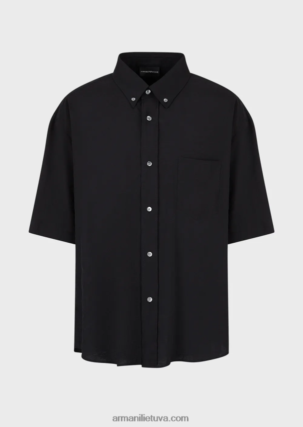 vyrų juodas Armani trumpomis rankovėmis užsegami persikų odos modalo marškiniai 02482X1060