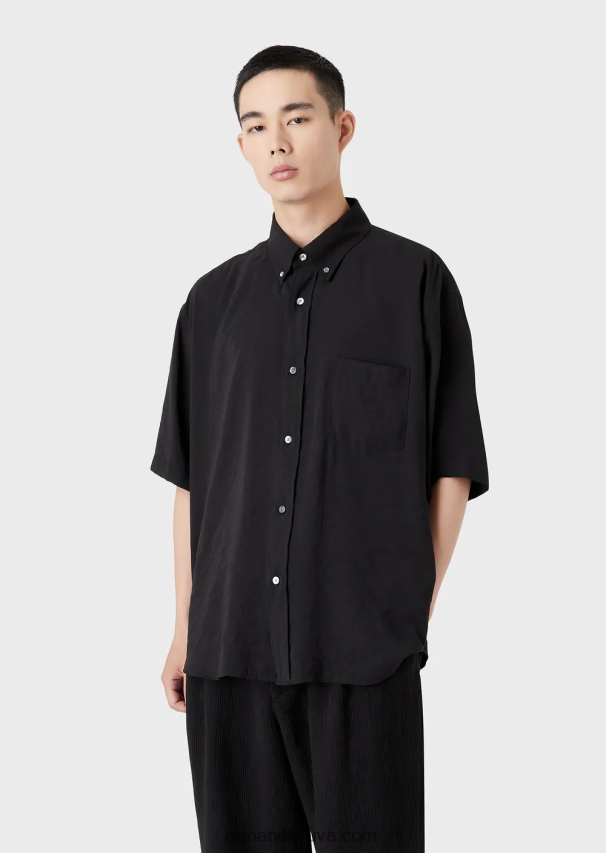 vyrų juodas Armani trumpomis rankovėmis užsegami persikų odos modalo marškiniai 02482X1060