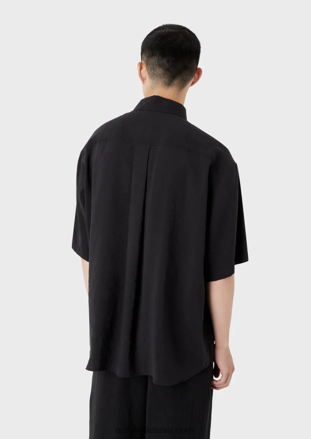 vyrų juodas Armani trumpomis rankovėmis užsegami persikų odos modalo marškiniai 02482X1060