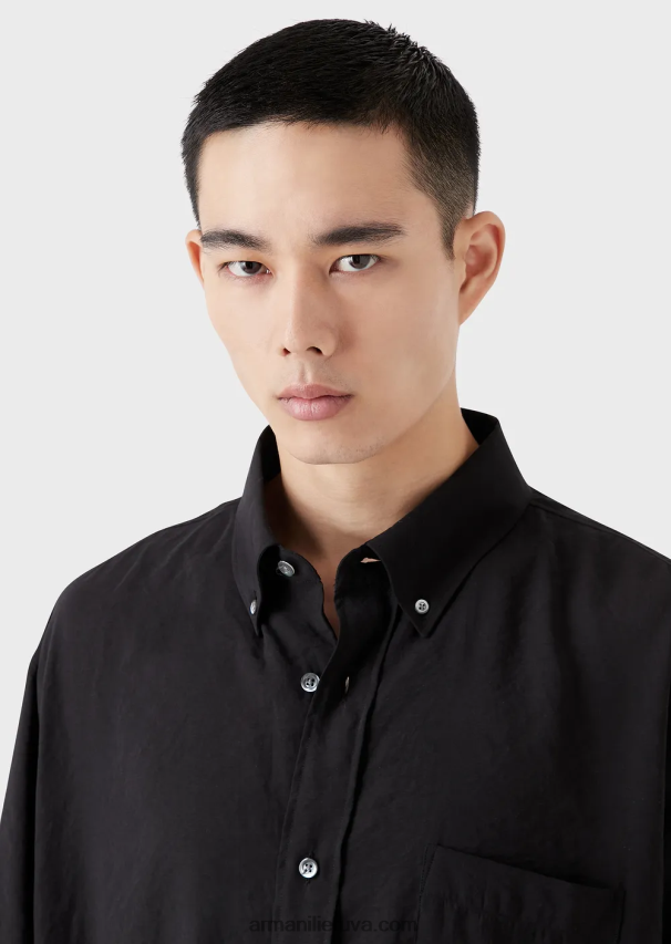 vyrų juodas Armani trumpomis rankovėmis užsegami persikų odos modalo marškiniai 02482X1060