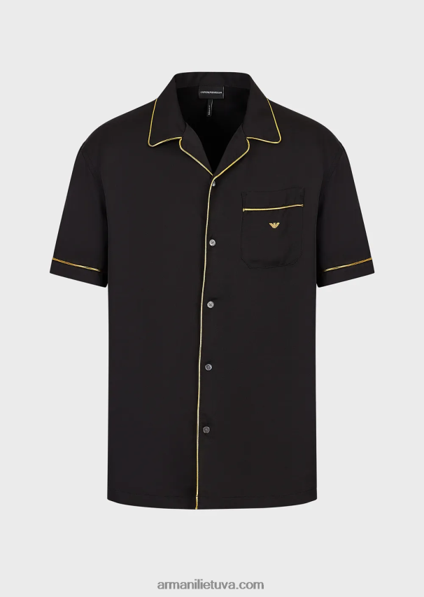 vyrų juodas Armani viskoziniai marškiniai su atlapais ir auksinėmis detalėmis 02482X1063