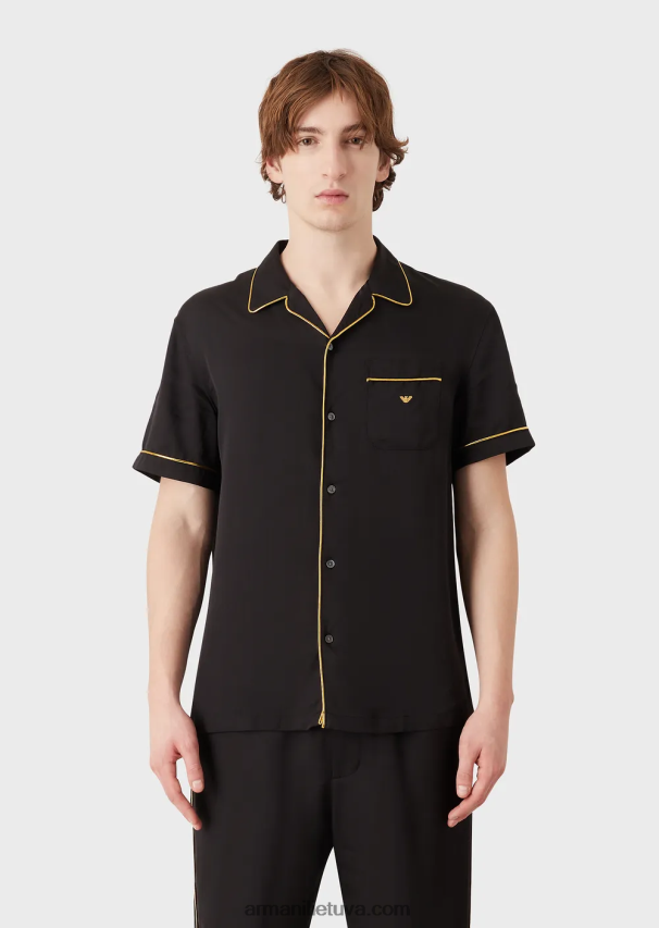 vyrų juodas Armani viskoziniai marškiniai su atlapais ir auksinėmis detalėmis 02482X1063