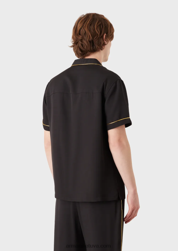 vyrų juodas Armani viskoziniai marškiniai su atlapais ir auksinėmis detalėmis 02482X1063