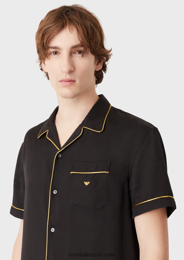 vyrų juodas Armani viskoziniai marškiniai su atlapais ir auksinėmis detalėmis 02482X1063