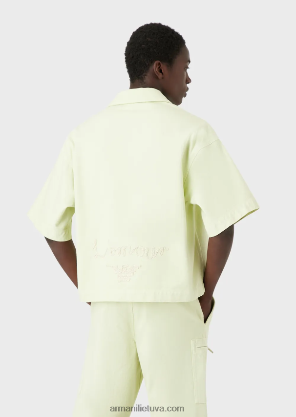 vyrų laimo žalia Armani džinsinė palaidinė trumpomis rankovėmis su l\'amour siuvinėjimu 02482X1086