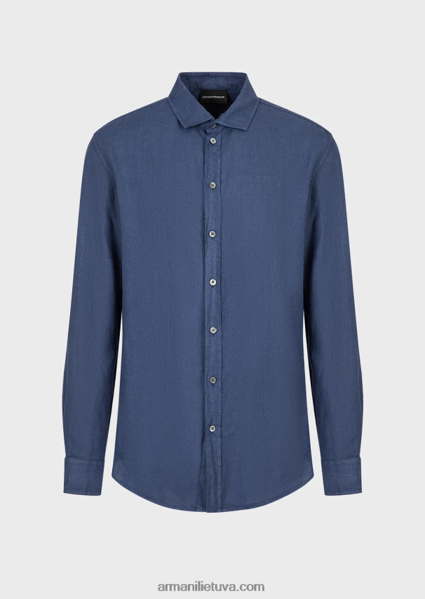 vyrų mėlyna Armani drabužiais dažyti lininiai marškiniai su prancūziška apykakle 02482X1083