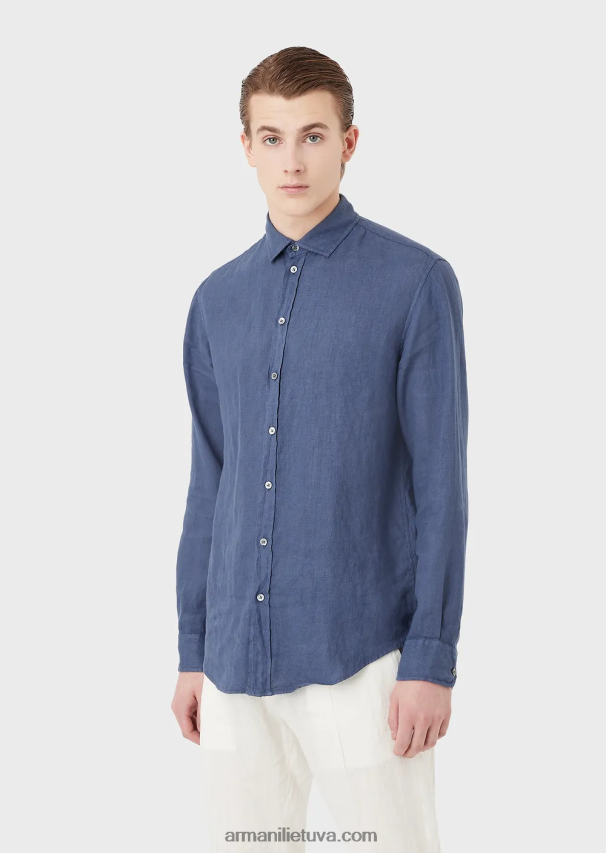 vyrų mėlyna Armani drabužiais dažyti lininiai marškiniai su prancūziška apykakle 02482X1083