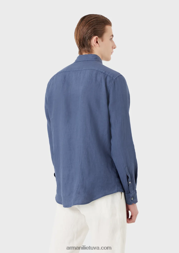 vyrų mėlyna Armani drabužiais dažyti lininiai marškiniai su prancūziška apykakle 02482X1083