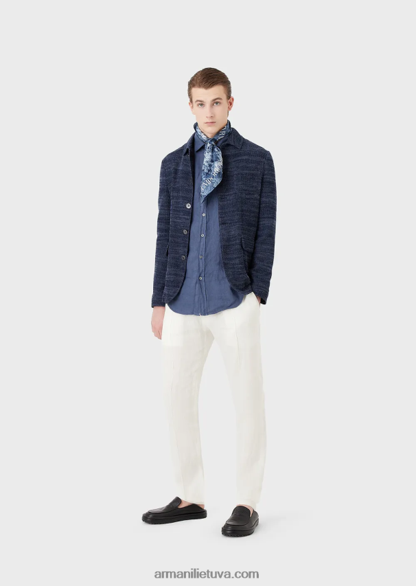 vyrų mėlyna Armani drabužiais dažyti lininiai marškiniai su prancūziška apykakle 02482X1083