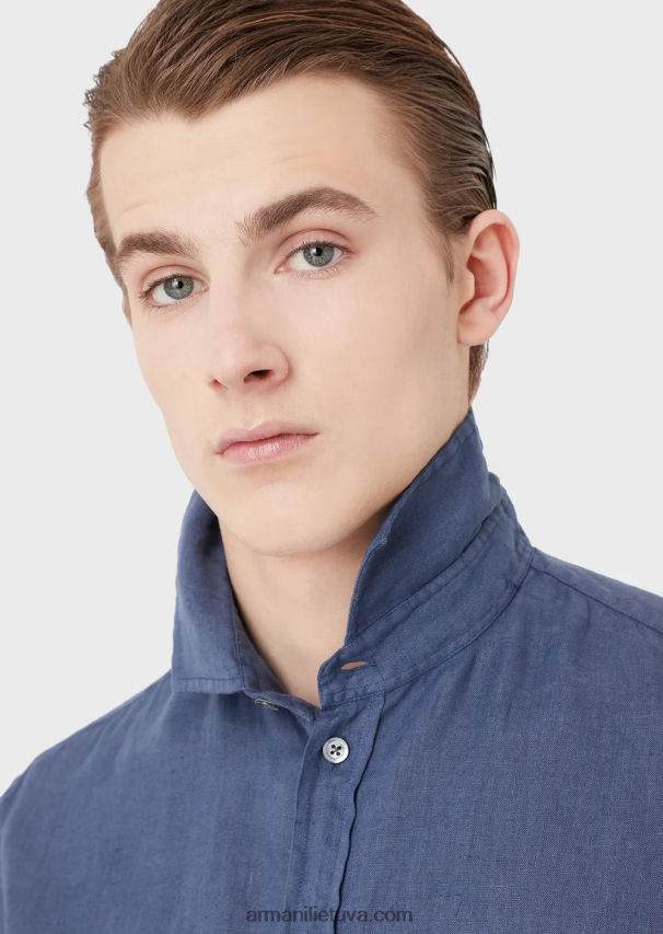 vyrų mėlyna Armani drabužiais dažyti lininiai marškiniai su prancūziška apykakle 02482X1083