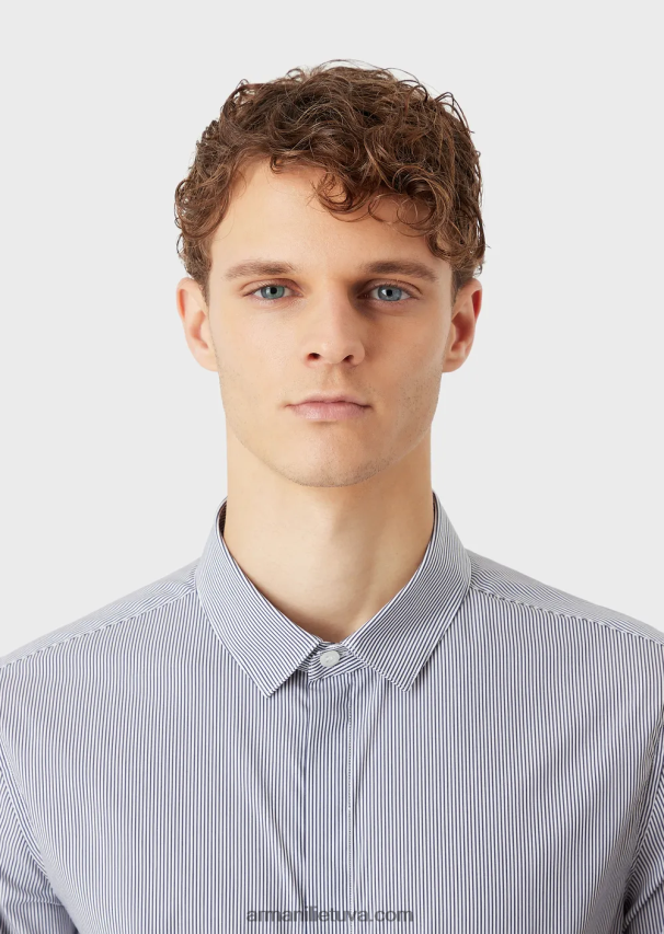 vyrų mėlyna Armani tampri medvilniniai ploni dryžuoti marškiniai 02482X1136