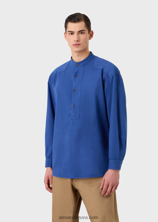 vyrų mėlyna Armani tvarios kolekcijos drabužiais dažyti ekologiški muslino marškiniai su guru apykakle 02482X1079