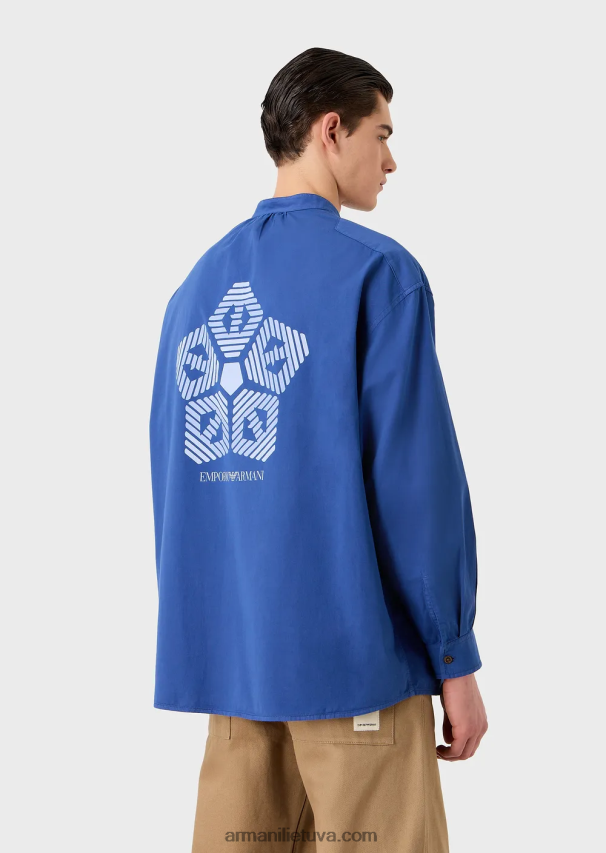 vyrų mėlyna Armani tvarios kolekcijos drabužiais dažyti ekologiški muslino marškiniai su guru apykakle 02482X1079