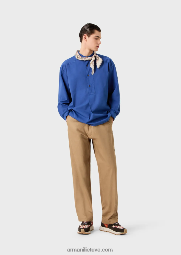 vyrų mėlyna Armani tvarios kolekcijos drabužiais dažyti ekologiški muslino marškiniai su guru apykakle 02482X1079