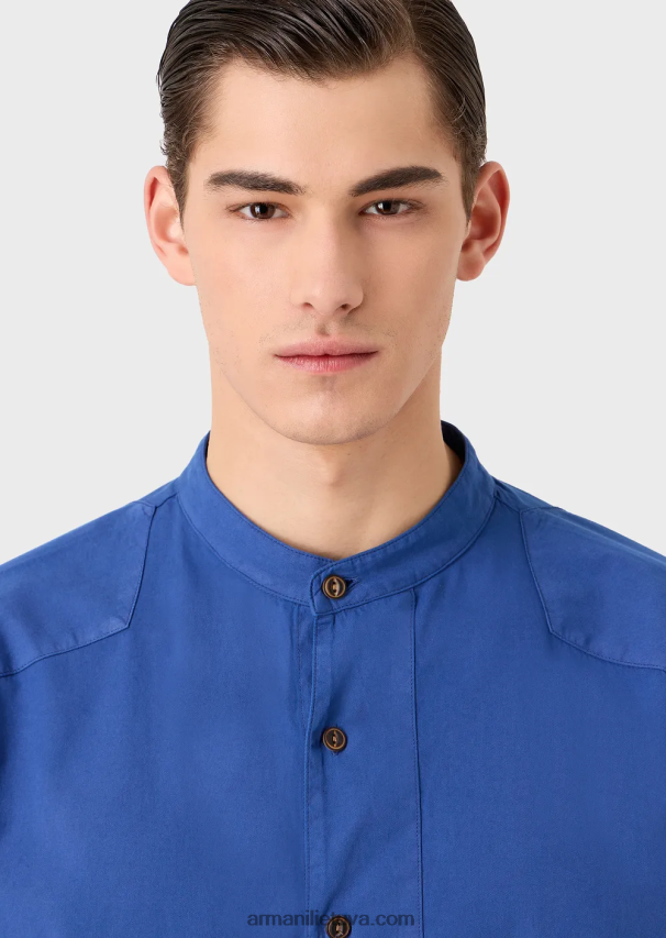vyrų mėlyna Armani tvarios kolekcijos drabužiais dažyti ekologiški muslino marškiniai su guru apykakle 02482X1079