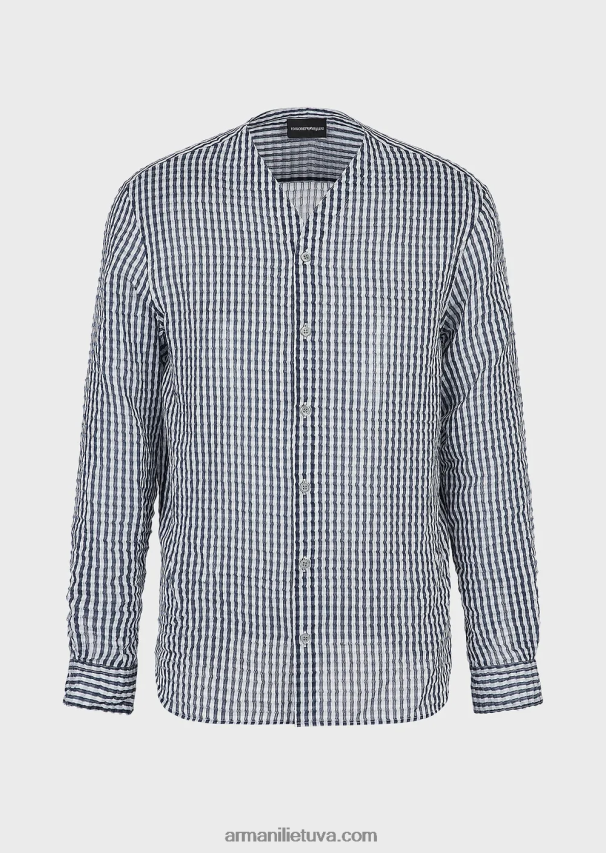 vyrų modelis Armani dviejų atspalvių šilko mišinio seersucker marškinėliai V formos iškirpte 02482X1113