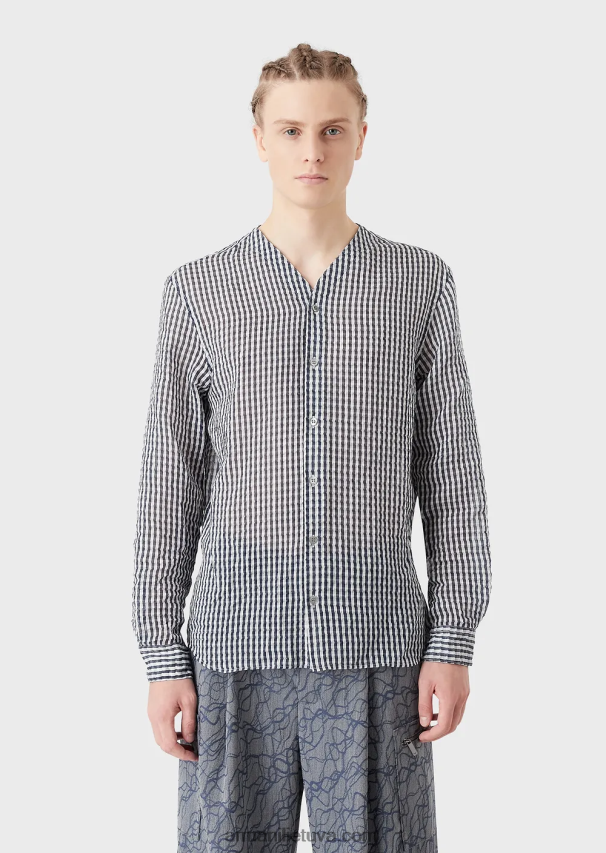 vyrų modelis Armani dviejų atspalvių šilko mišinio seersucker marškinėliai V formos iškirpte 02482X1113