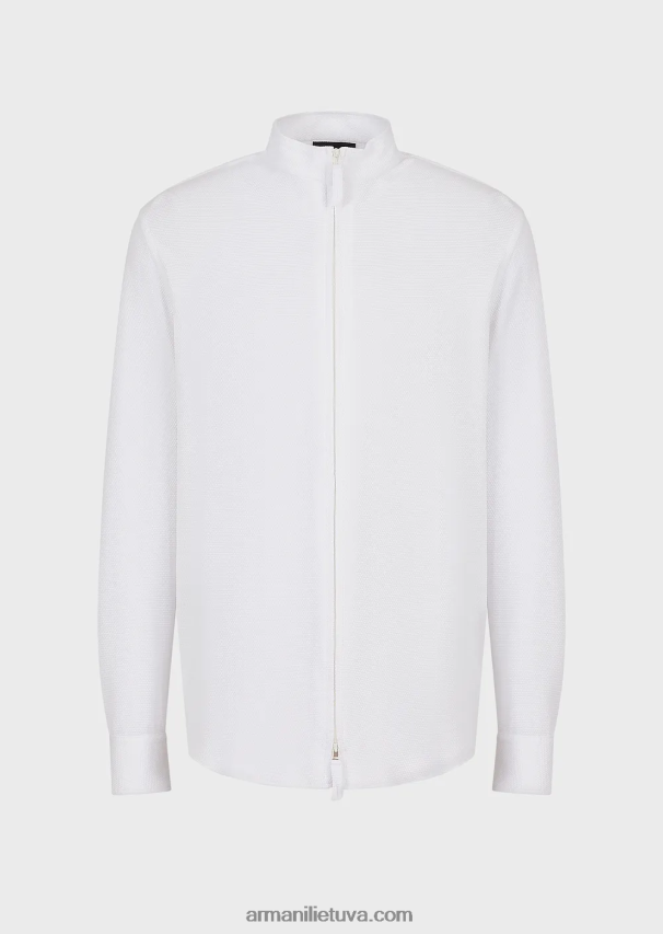 vyrų pieno baltumo Armani Nehru marškinėliai/striukė su pilnu užtrauktuku apykakle iš 3D tampraus techninio trikotažo 02482X1105