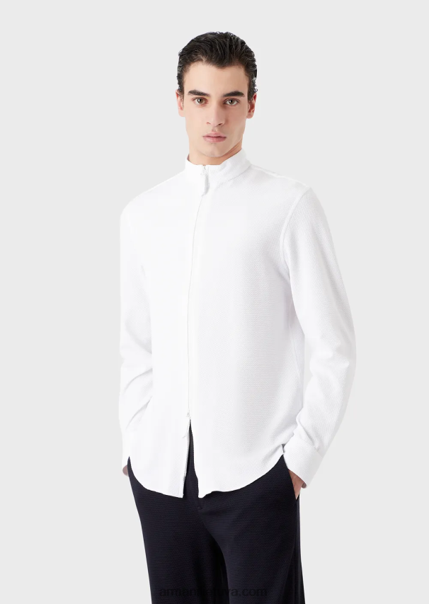 vyrų pieno baltumo Armani Nehru marškinėliai/striukė su pilnu užtrauktuku apykakle iš 3D tampraus techninio trikotažo 02482X1105