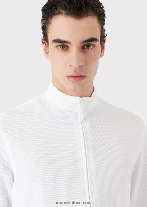 vyrų pieno baltumo Armani Nehru marškinėliai/striukė su pilnu užtrauktuku apykakle iš 3D tampraus techninio trikotažo 02482X1105